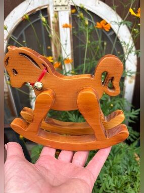Vintage 80’s Small Wooden Rocking Horse Baby Nursery Handcrafted Pony Decor
